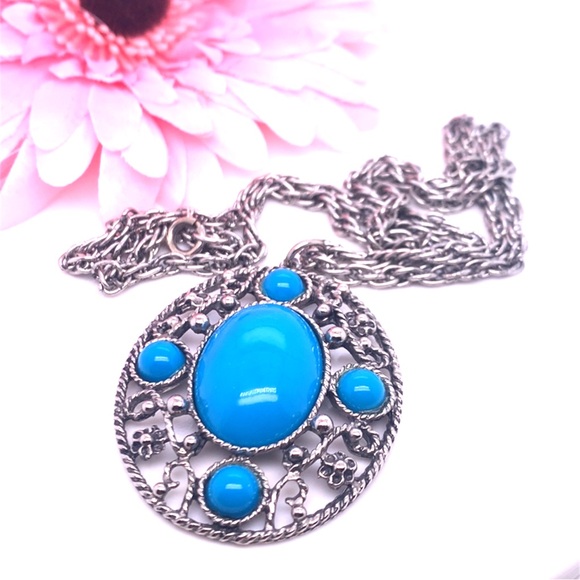 Faux Turquoise Pendant Necklace 24” - Picture 2 of 7